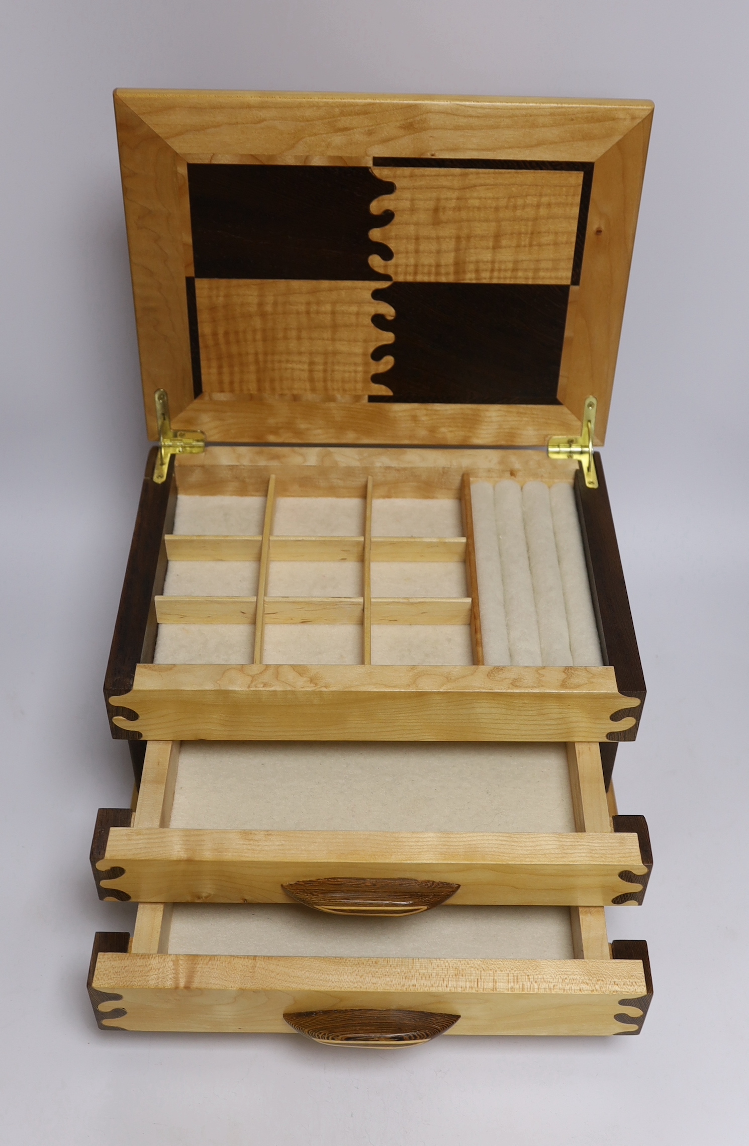 A contemporary maple and wenge jewellery box, by Judd Lotts, 31cm wide, 23cm deep, 20cm high, together with a Victorian banded box